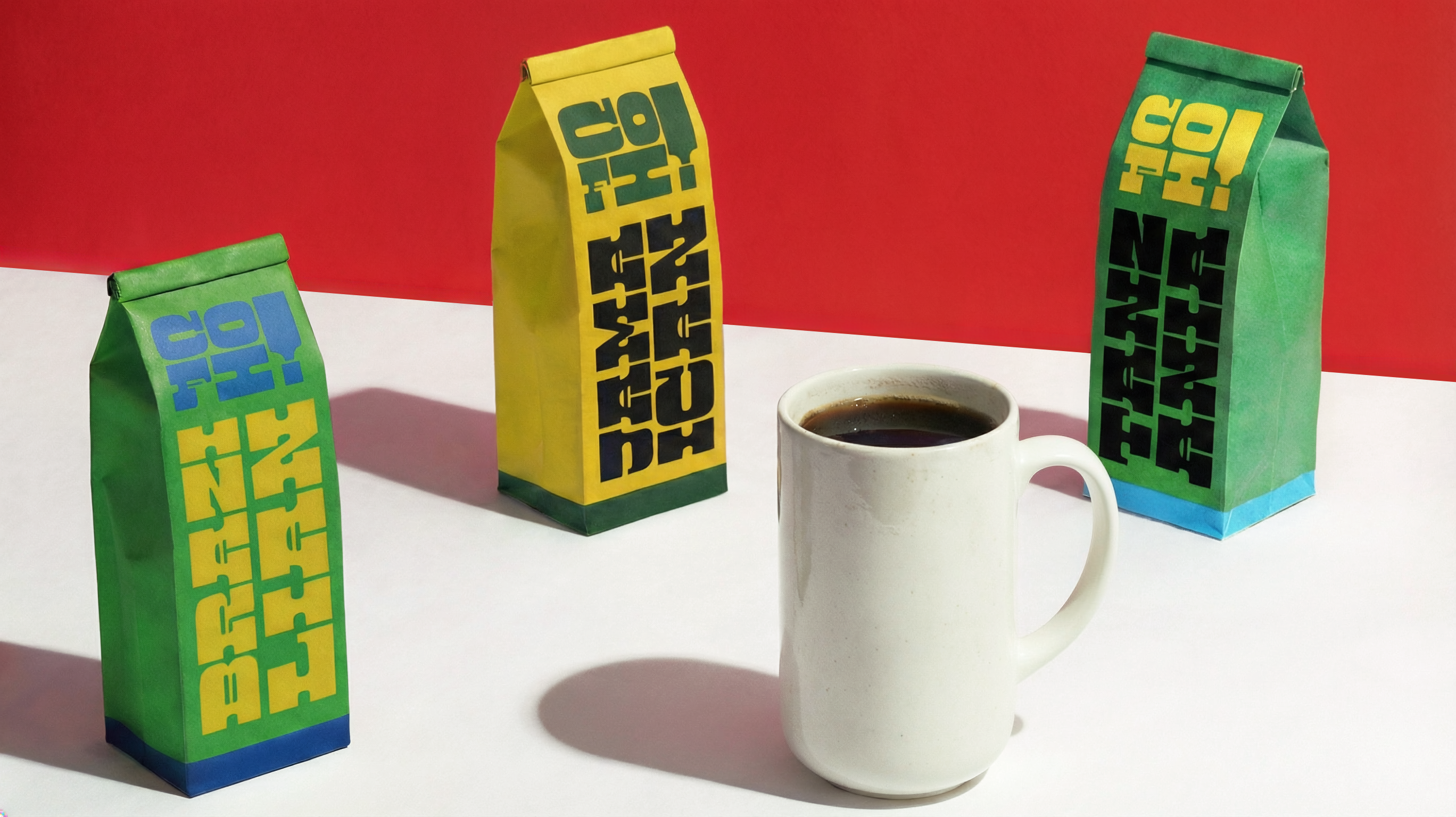 Mockup showing Cofi brand packaging.